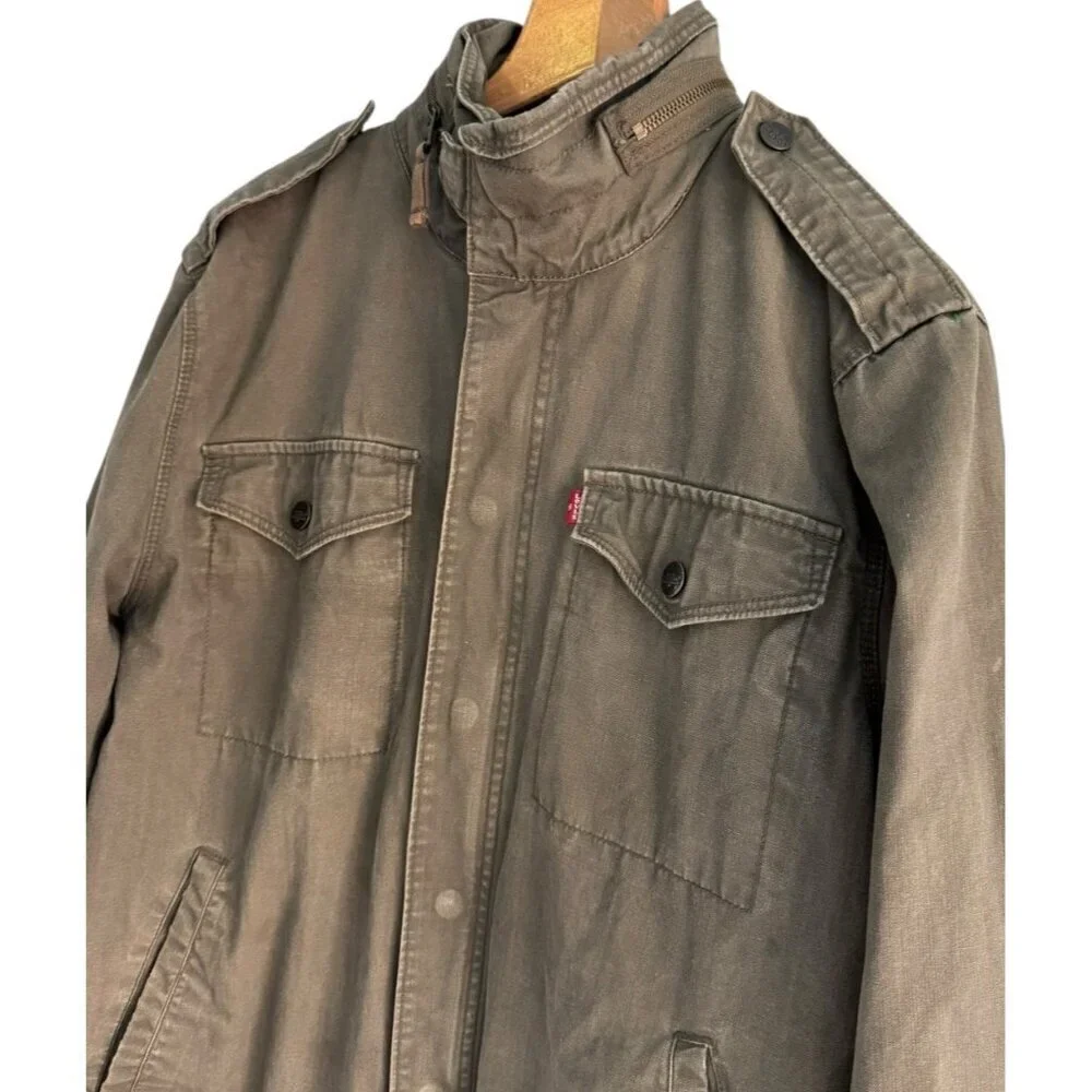 Vintage Levi’s Men's Sz M Olive Green Military Jacket Full Zip Front Zip Hood